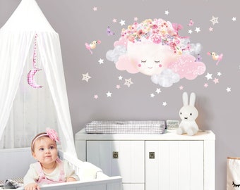 Autocollant mural lune rose avec nuages, autocollant mural pour chambre d'enfant, étoiles, autocollant mural pour décoration de chambre de bébé, autocollant DK1080