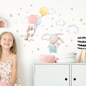 Wall sticker rabbits with balloon children&#39;s room wall sticker stars clouds wall sticker for baby room wall decoration DK1064