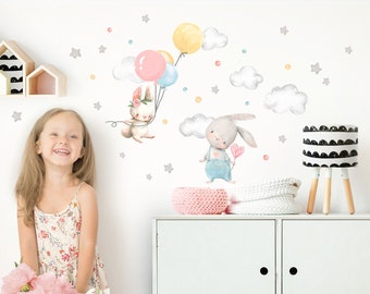Sticker mural lapin avec ballon sticker mural chambre d'enfant étoiles nuages Sticker mural pour décoration murale chambre bébé DK1064