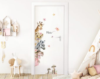 Autocollant de porte animaux de la jungle, autocollant mural pour chambre d'enfant, autocollant mural pour chambre de bébé, autocollant mural autocollant pour porte DK1124