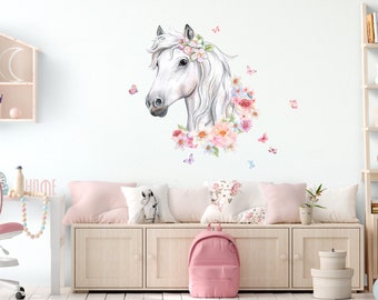 Stickers muraux décoratifs pour chambre d'enfant tête de cheval fleurs autocollant mural papillons chambre de bébé stickers muraux animaux auto-adhésifs DK1046