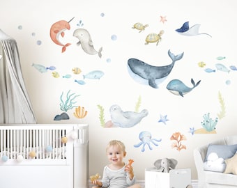 XXL autocollant mural set créatures marines chambre d'enfant autocollant mural monde sous-marin océan autocollant mural pour chambre de bébé décoration murale DK1065