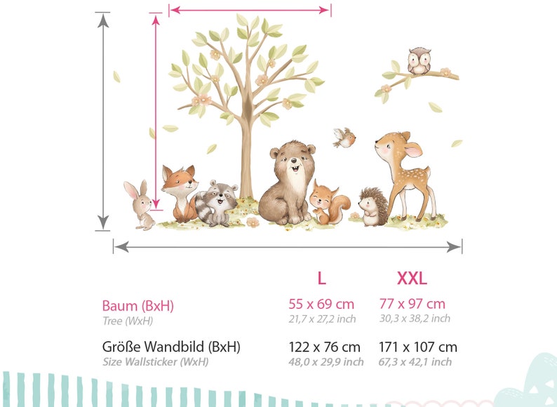 Autocollant mural animaux de la forêt avec arbre, autocollant mural pour chambre d'enfant, autocollant mural animaux bohème pour décoration de chambre de bébé, autocollant DK1147 image 2