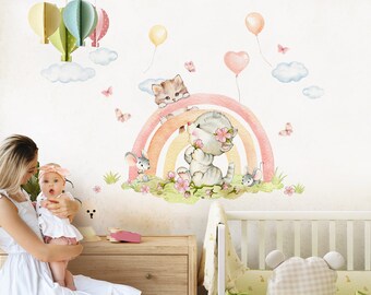 Autocollant mural aquarelle arc-en-ciel, autocollant mural animaux pour chambre d'enfant, autocollant mural pour chambre de bébé, décoration autocollante DK1115