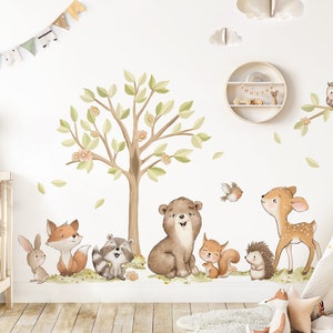 Autocollant mural animaux de la forêt avec arbre, autocollant mural pour chambre d'enfant, autocollant mural animaux bohème pour décoration de chambre de bébé, autocollant DK1147 image 1