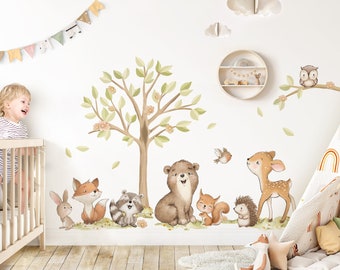 Wandsticker Waldtiere mit Baum Wandtattoo für Kinderzimmer Boho Tiere Wandaufkleber für Babyzimmer Deko selbstklebend DK1147