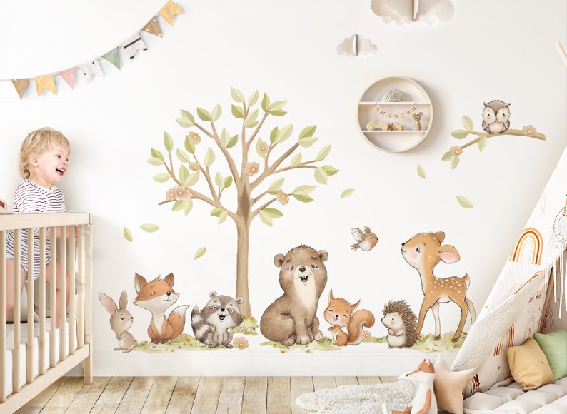 Wandsticker Waldtiere mit Baum Wandtattoo für Kinderzimmer Boho Tiere Wandaufkleber für Babyzimmer Deko selbstklebend DK1147 zdjęcie 1