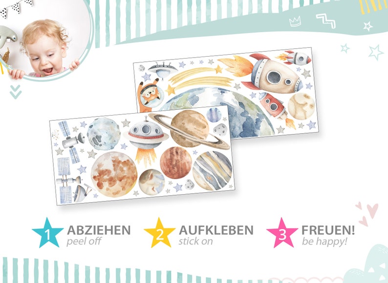 Wandsticker Sonnensystem XXL Set Wandtattoo für Kinderzimmer Weltraum Wandaufkleber für Babyzimmer Planeten Sterne selbstklebend Deko DK1133 zdjęcie 3