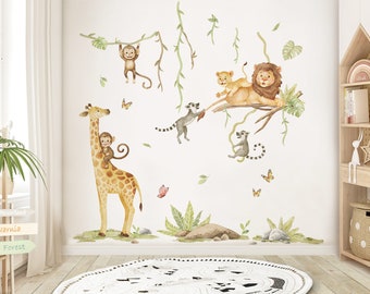 Autocollant mural XXL avec animaux de la jungle pour chambre d'enfant, safari, singe, girafe, autocollant mural pour chambre de bébé, décoration autocollante DK1148