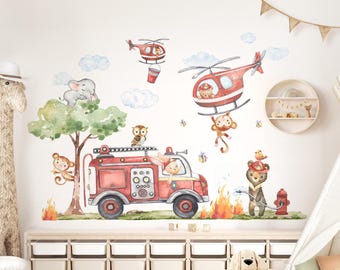 May include: A red fire engine with a ladder, a monkey, an owl, and a bear wearing a fire hat. There are two red helicopters with a monkey hanging from one. The background is a white wall with clouds and a green tree.