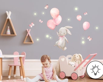 Autocollant mural ballon lapin animaux phosphorescents chambre d'enfant autocollant mural papillons autocollant mural pour chambre de bébé décoration murale DK1058