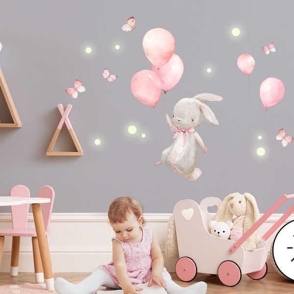 Autocollant mural ballon lapin animaux phosphorescents chambre d'enfant autocollant mural papillons autocollant mural pour chambre de bébé décoration murale DK1058