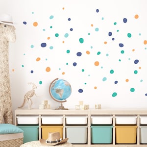 Juego de 92 pegatinas de pared de lunares para habitación infantil, lunares, azul menta, amarillo, pegamento, puntos, círculos, pegatinas de pared para habitación de bebé, DK1010