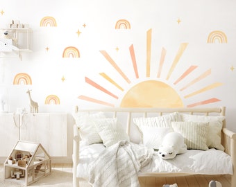 Sonne und Regenbogen Wandsticker für Kinderzimmer Aquarell aufgehende Sonne Wandtattoo für Babyzimmer Pastell Wandaufkleber Deko DK1132