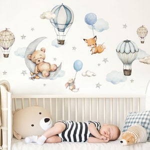 Animaux de la forêt ballon à air chaud stickers muraux pour chambres d'enfants ours lune sticker mural set stickers muraux pour chambre de bébé décoration autocollante DK1150 image 1