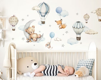 Globos aerostáticos de animales del bosque, pegatinas de pared para habitación de niños, juego de pegatinas de pared con oso y luna, pegatinas de pared para habitación de bebé, decoración autoadhesiva DK1150