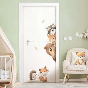 Autocollant de porte animaux de la forêt, autocollant mural pour chambre d'enfant, autocollant mural personnalisé pour chambre de bébé, autocollant mural avec nom, décoration autocollante DK1149 image 4