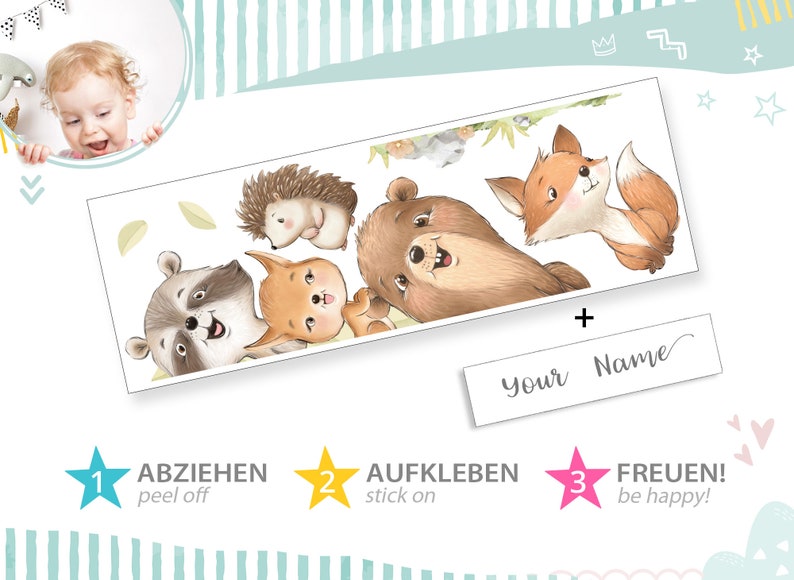 Türsticker Waldtiere Wandtattoo für Kinderzimmer personalisiert Wandsticker für Babyzimmer Wandaufkleber mit Name selbstklebend Deko DK1149 zdjęcie 6