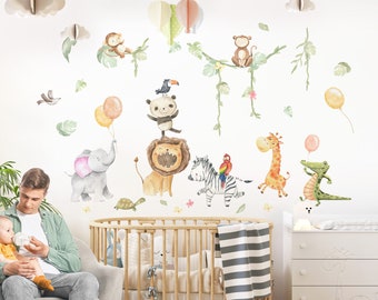Autocollant mural Safari Set pour chambre d'enfant, animaux de la jungle, lion, autocollant mural pour chambre de bébé, décoration autocollante DK1061