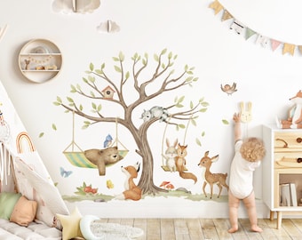 XXL Wall Sticker Set for Children's Room, Forest Animals, Wall Decal for Baby Room, Tree, Fox, Bear, Self-Adhesive Wall Stickers, Decoration DK1134