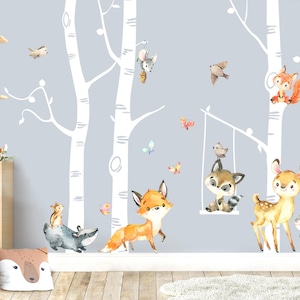 Vinilos decorativos de animales del bosque para habitaciones infantiles Vinilos decorativos con troncos de abedul Vinilos decorativos para habitaciones de bebés animales decoración autoadhesiva DK1094