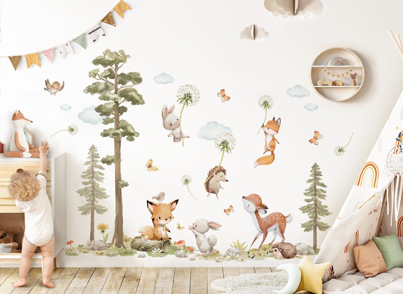 XXL Sticker Set Waldtiere Wandsticker für Kinderzimmer Pusteblume Tiere Wandtattoo für Babyzimmer Wandaufkleber Deko selbstklebend DK1137 Bild 1