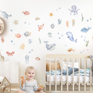 Wall sticker set 52 pieces sea animals wall sticker for children&#39;s room fish underwater world wall sticker for baby room bathroom decoration DK1144
