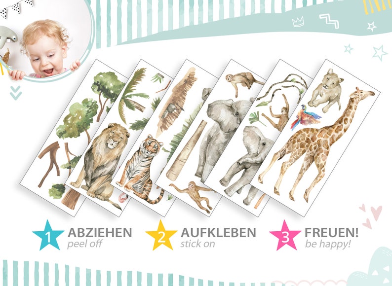 XXL Wandtattoo Set für Kinderzimmer Dschungel Tiere Wandsticker Safari Jungle für Babyzimmer Wandaufkleber Aquarell selbstklebend DK1050 Bild 3