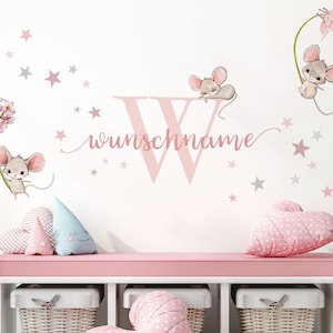 Wall sticker mouse with flowers children&#39;s room wall sticker personalized wall sticker desired name mice stars wall decoration DK1070