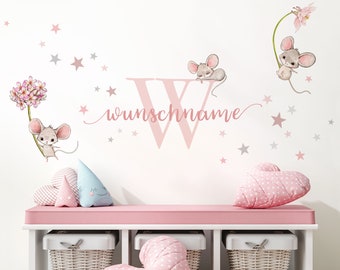 Wandsticker Maus mit Blumen Kinderzimmer Wandtattoo personalisiert Wandaufkleber Wunschname Mäuse Sterne Wanddeko DK1070