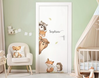 Autocollant de porte animaux de la forêt, autocollant mural pour chambre d'enfant, autocollant mural personnalisé pour chambre de bébé, autocollant mural avec nom, décoration autocollante DK1149