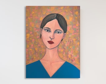 Art mural visage de femme, Portrait abstrait original, Peinture acrylique sur toile, Art coloré moderne, Décoration murale de salon.