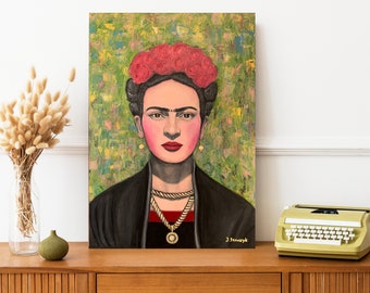 Frida, Portrait abstrait original, Peinture acrylique sur toile, Art coloré moderne, Décoration murale de salon.