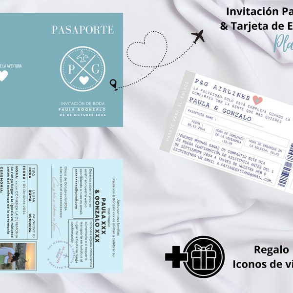 Plantillas digitales invitación de boda viajera tipo pasaporte y Tarjeta de Embarque para información adicional con regalo para decorar más