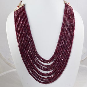 Collar de piedras preciosas de rabí natural, collar de cuentas de 9 hebras, collar de ronddle facetado