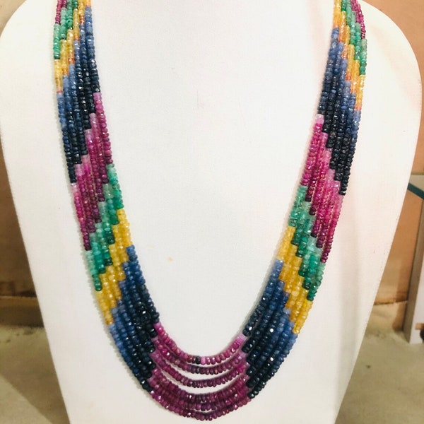 Multi Sapphire Beaded Necklace, 6 Strand Faceted Rondelle (3-5mm)