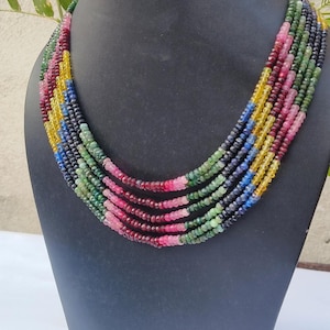Multy sapphire necklace gemstone beaded  necklace Emerald gemstone Rondelle  beaded necklace 3-5 mm length 18 inches