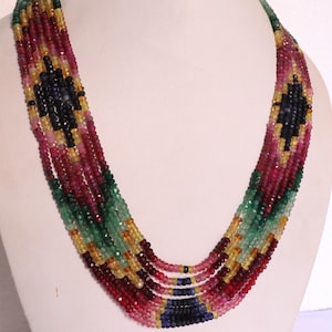 Multi Natural Precious Gemstone Ruby, Sapphire, Emerald, Topaz Necklace 3-5mm Faceted  A Quality Necklace 7 Strands