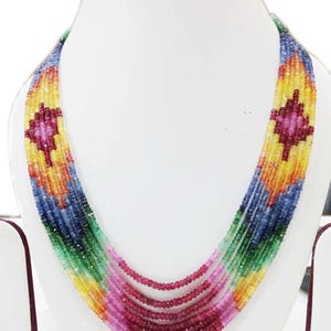 Natural Multi Precious Gemstone Ruby, Sapphire, Emerald, Topaz Necklace 3-5mm Faceted  A Quality Necklace 7Strands