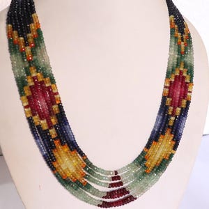 Natural multy sapphire necklace gemstone beaded   necklace Emerald gemstone Rondelle  beaded necklace 3-5 mm length 18 inches unique pattern