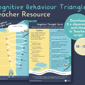 May include: A printable worksheet for teachers to help students aged 10-13 years old learn about cognitive behaviour. The worksheet features a spiral diagram with the title "Negative Thought Spiral" and includes sections for "Puddles" and "Lifelines".