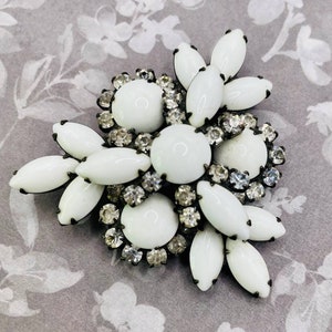 Vintage Large Milk-Glass and Rhinestone Brooch