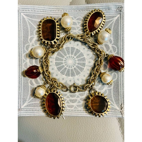 Vintage Glass Stone and Faux Pearl Statement Brac… - image 3
