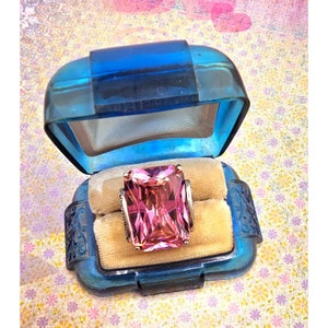Large Vintage Sterling-Silver Pink Glass and Marcasite Ring Size 9.25