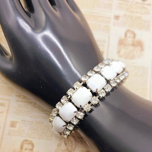 Stunning Vintage Milk Glass and Rhinestone Bracelet 6.5 inches.