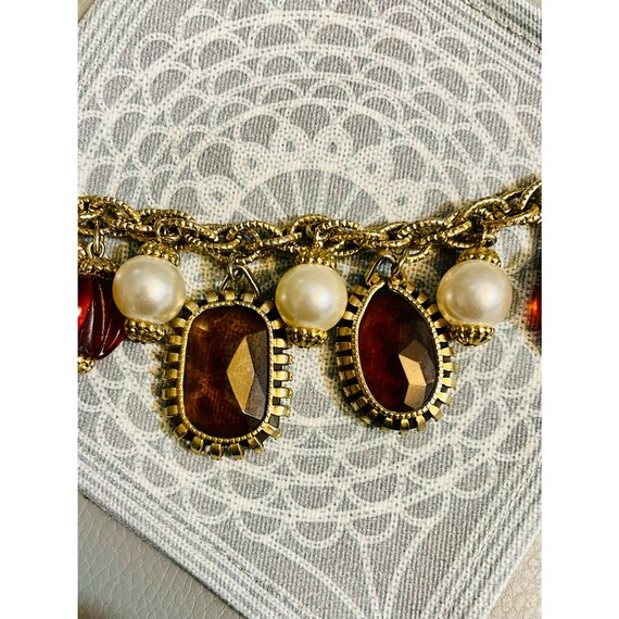 Vintage Glass Stone and Faux Pearl Statement Brac… - image 5