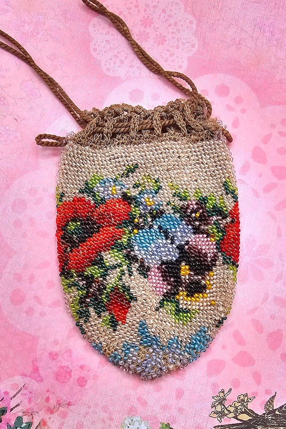 Antique Small Beaded Floral Victorian Draw-String 