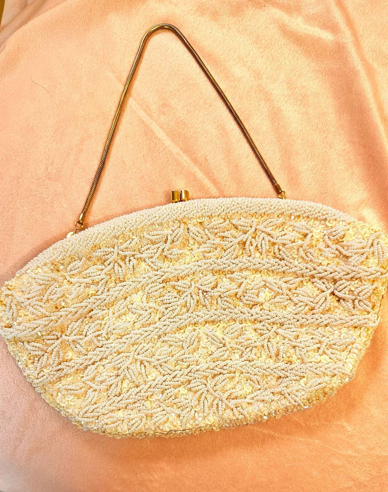 La Regale Ltd. Evening Bag, Hand Beaded, White Pearlescent with Rope Chain