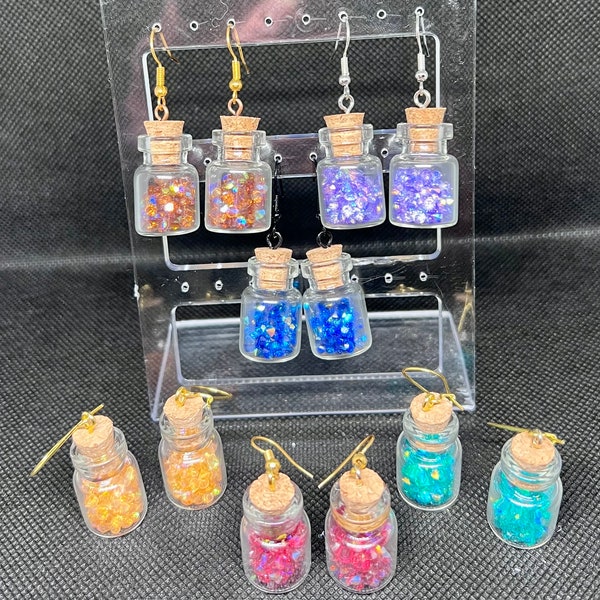 Tiny Treasures: Handmade Colorful Rhinestone-Filled Glass Jar Fashion Dangle Earrings