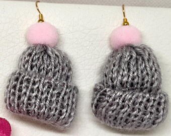 Cozy Knit Winter Hat Earrings ~ Pink Pom Pom ~ Handmade Beanie Dangle